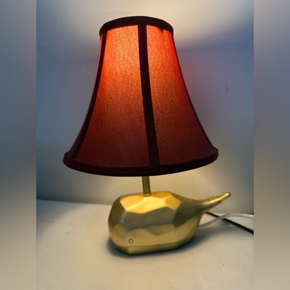 Vintage Nautical  Gold Faceted‎ Whale Table Accent Lamp Red Shade Decor ~12”